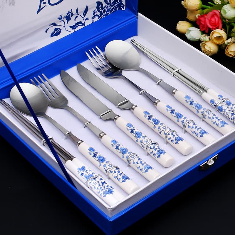 Promotional Traditional Chinese Ceramic Handle Blue and White Porcelain Stainless Steel Spoon and Chopsticks Gift Tableware Four-Piece Set Corporate Gift