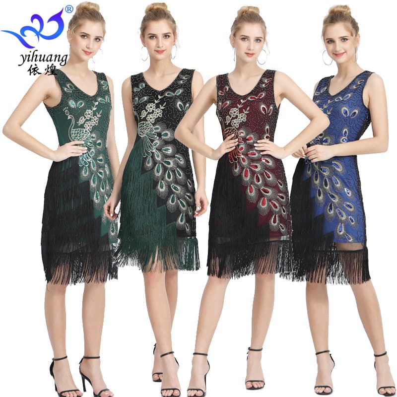 1920s Sequin Flapper Dress Vintage Fringe Dance Dress Plus Size Double V-Neck Party Gown