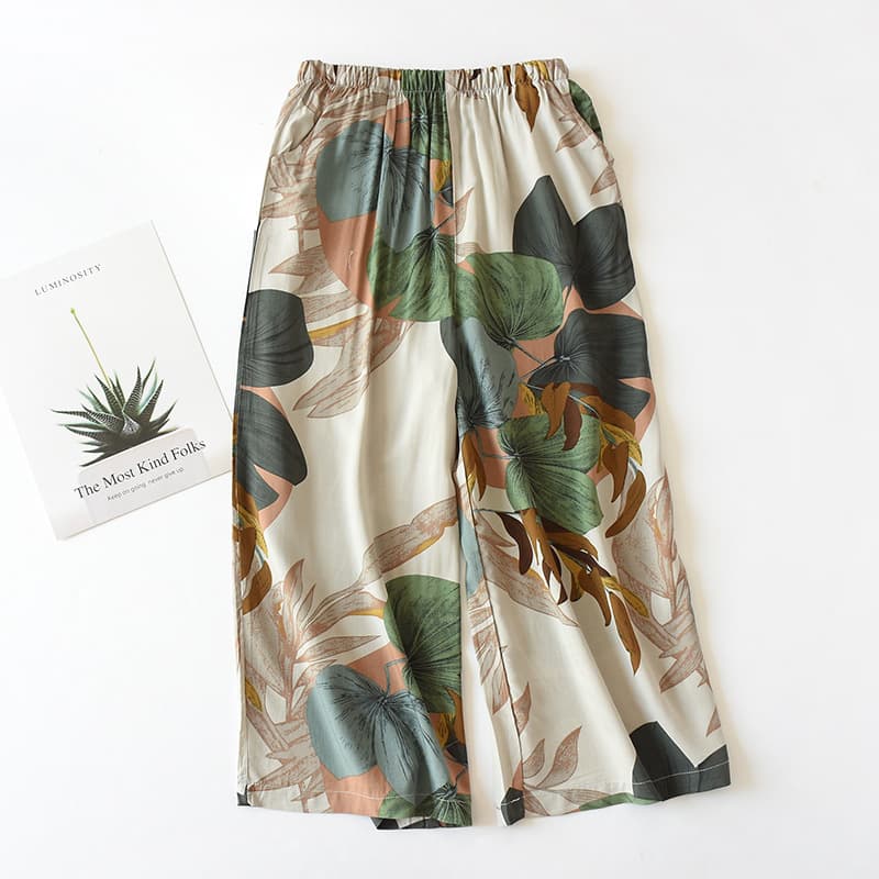 New artificial cotton cropped pants for women, pure pajamas, high-waisted, thin, loose, straight, wide-leg pants for home and outdoor wear
