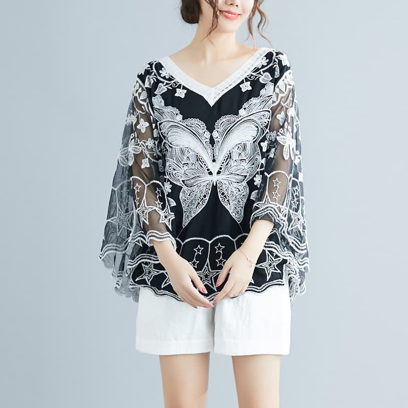 Summer New Sweet Age-Reducing European and American Style Women's Clothing Spring and Summer New V-Neck Butterfly Five-Pointed Star Beach Blouse