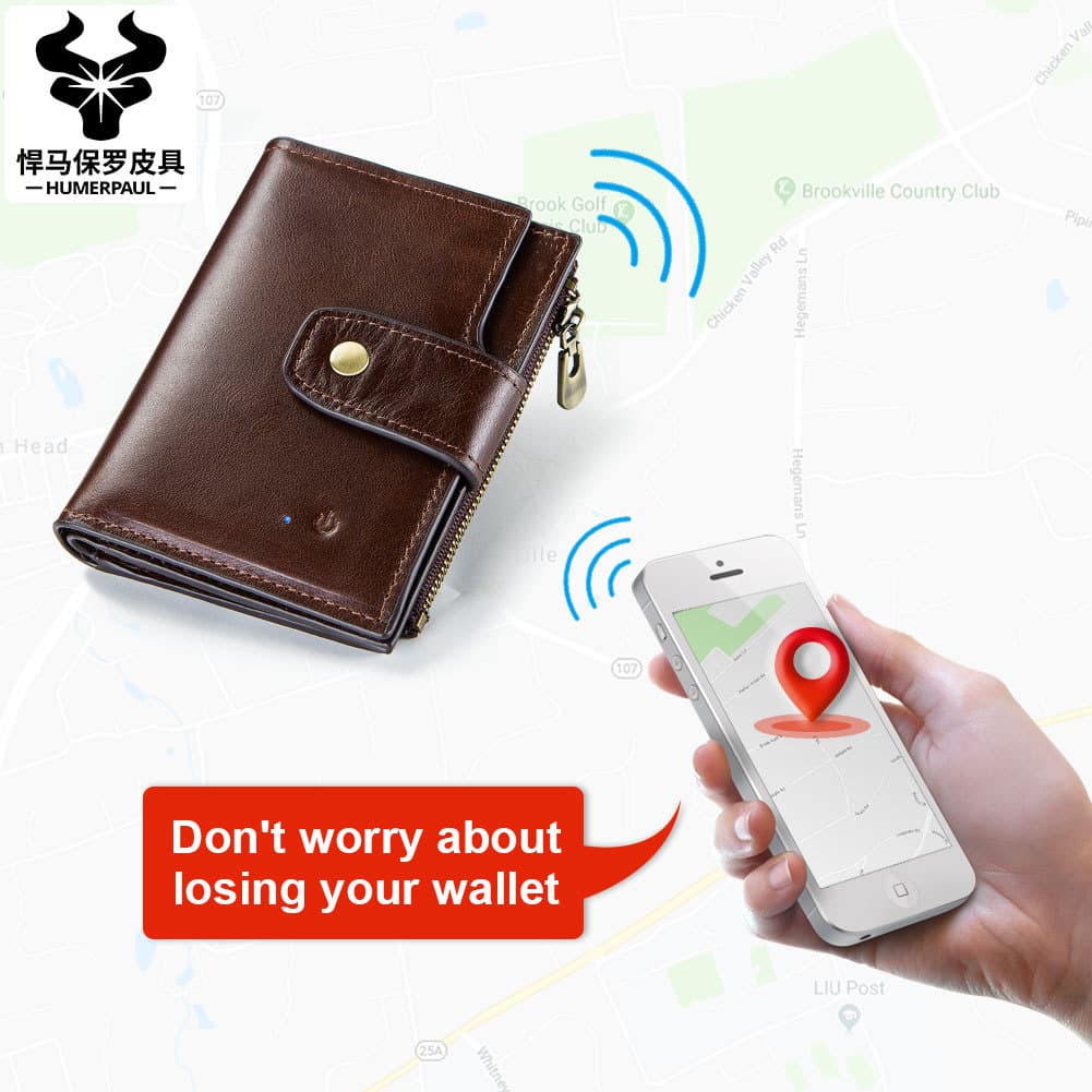 Men's Short Genuine Leather Smart Wallet Bluetooth Connection RFID Business Casual Leather Clip Multifunctional Wholesale