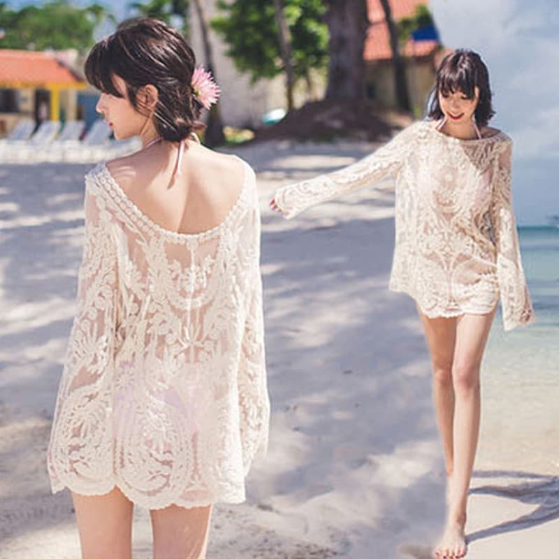 Casual vacation bikini cover-up swimsuit jacket beach outerwear sun protection hollow knit mesh lace women's
