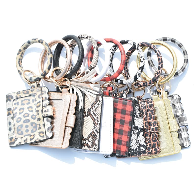 2025 Cross-border New Leopard Print PU Leather Tassel Bracelet Keychain Women Coin Purse Card Holder Clutch ID Holder