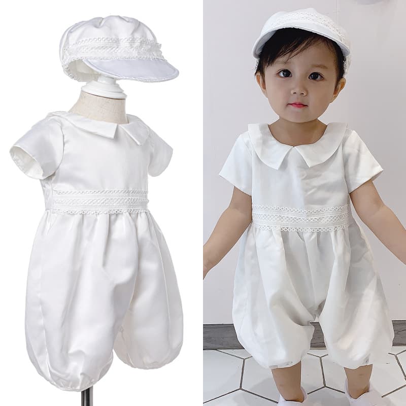 Baptism Outfit Baby Boy Infant Romper Full Moon One Year Old Celebration Two Piece Set with Hat Cute European Style Polyester Satin Short Sleeve