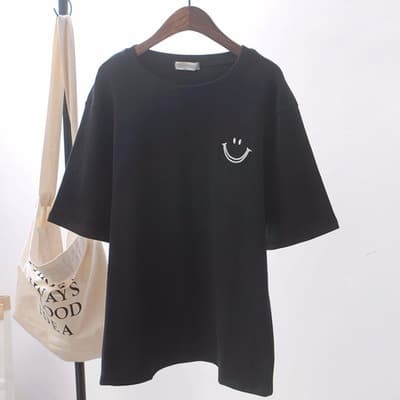 2024 Korean Style Summer Smiley Round Neck White Short Sleeve T-Shirt for Women, Loose Fit, Slimming, Student Casual Top, Casual Commute
