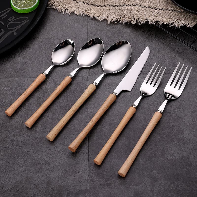 Slim Waist Wooden Handle Stainless Steel Cutlery, 304 Knife Fork Spoon Set, Western Steak Knife Fork Set