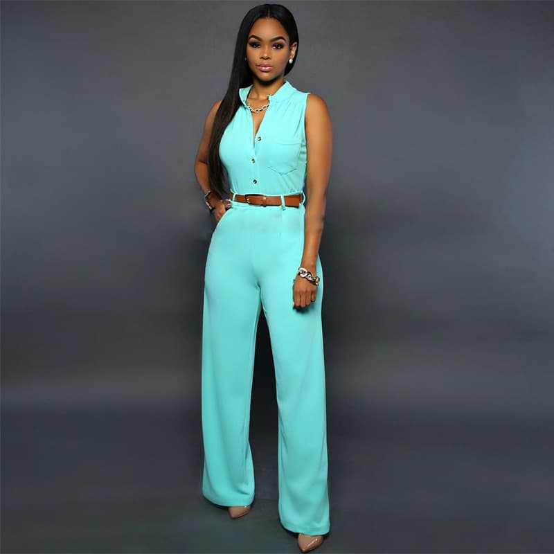 High Waist Wide Leg Women's Casual Button Cardigan Collar One-Piece Sleeveless Fashionable Summer Overall Pants Polyester Spandex Blend