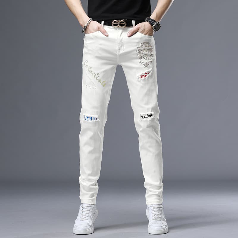 Factory Men's Jeans Slim Tapered Streetwear Rhinestone Korean Ripped Stretch White Jeans Men's