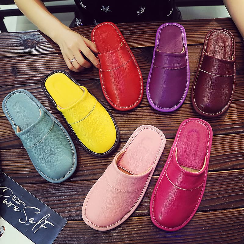 Chunqiu Home Indoor Floor Leather Slippers for Men and Women Couple Thick Sole Non-Slip Closed-Toe Cowhide Slippers Wholesale