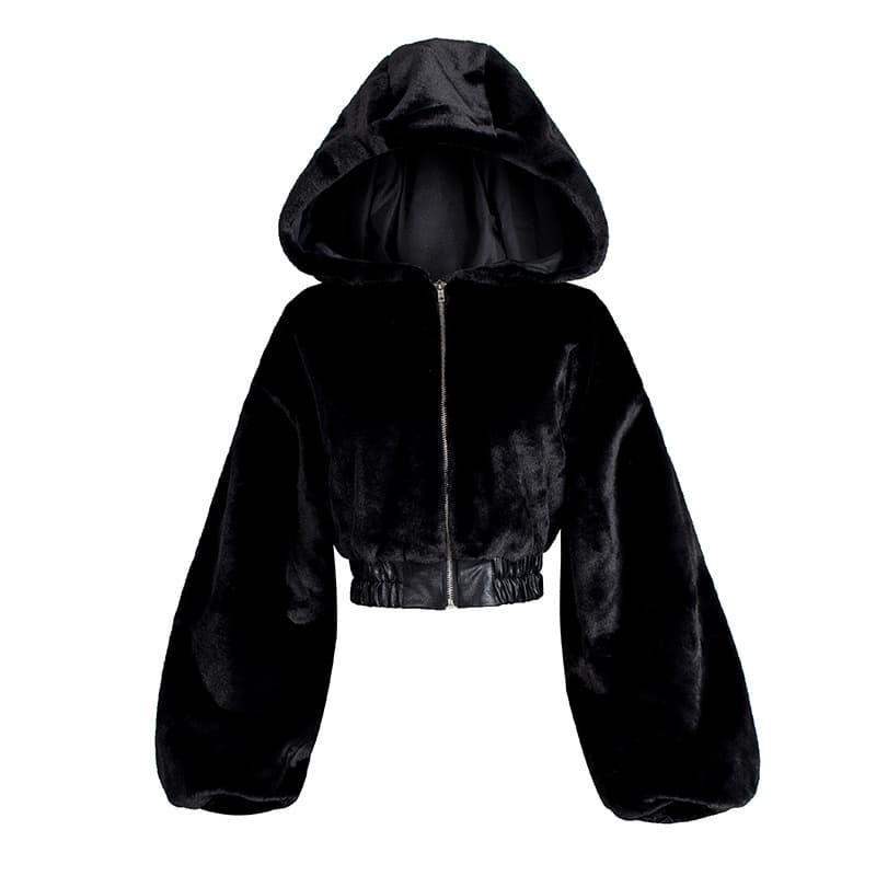 2025 New Fashion European and American Street Style Short High-Waist Textured Furry Hooded Jacket for Women