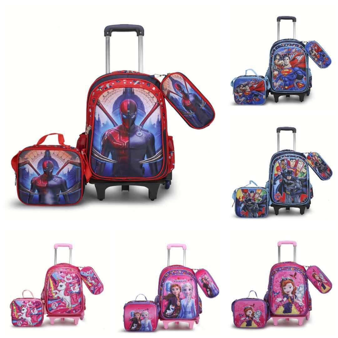 Cross-border children's schoolbag three-piece trolley bag 3D three-dimensional detachable six-wheel trolley student schoolbag shoulders