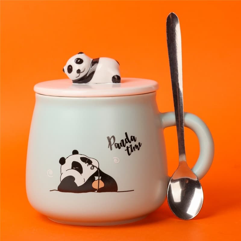 New Cartoon Color Glaze Animal Lid Mug with Lid Spoon Creative Hand-painted Panda Ceramic Water Cup Breakfast Coffee Cup