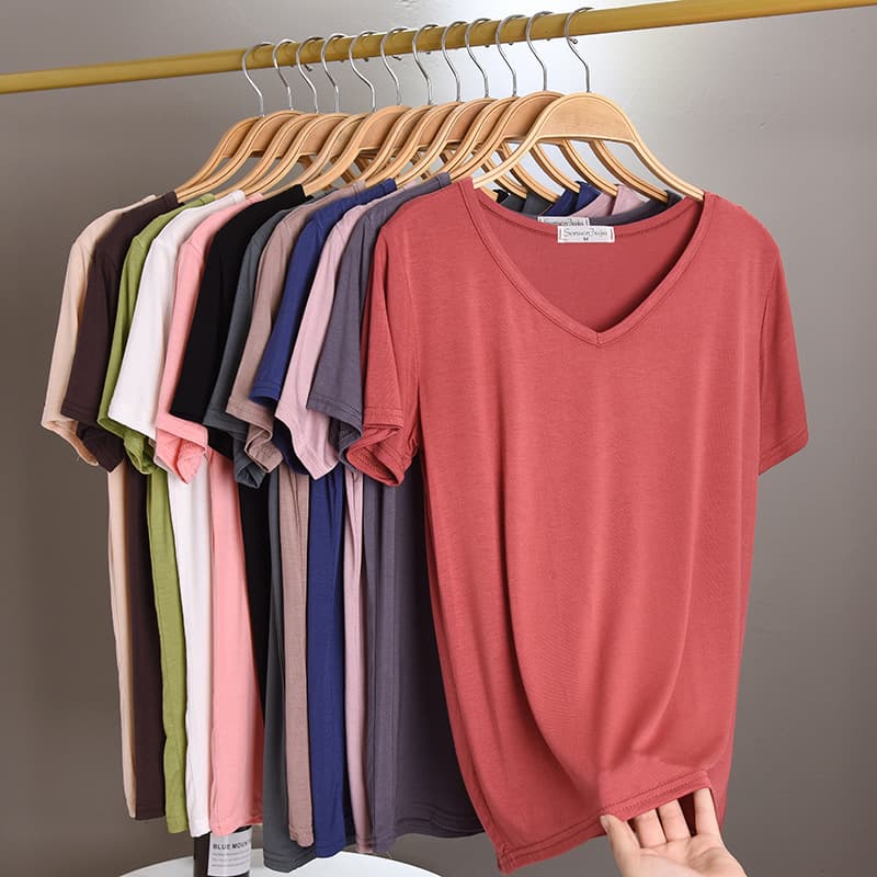 2020 New Summer Korean Style Modal Cotton White T-Shirt Women's Large Size Short-Sleeved Half-Sleeved Loose Pure Color V Neck Top