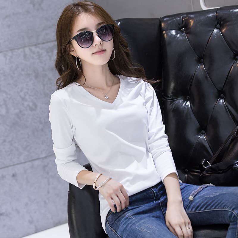 Pure Cotton Long Sleeve V-neck Women's T-shirt Slim Fit Base Layer Shirt Spring Summer Fashion Casual Style 8888-1