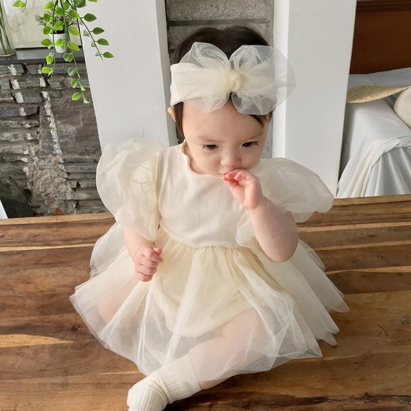 Summer Princess Style Baby Girl's Puffy Tulle Skirt Onesie Cotton Mesh Dress Baby Birthday Celebration Ceremony Outfit