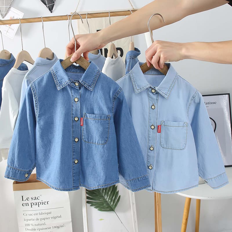 Summer Casual Long Sleeve Children's Denim Shirt Boys' Pure Color Jeans Jacket Comfortable Breathable Cotton Kids' Top