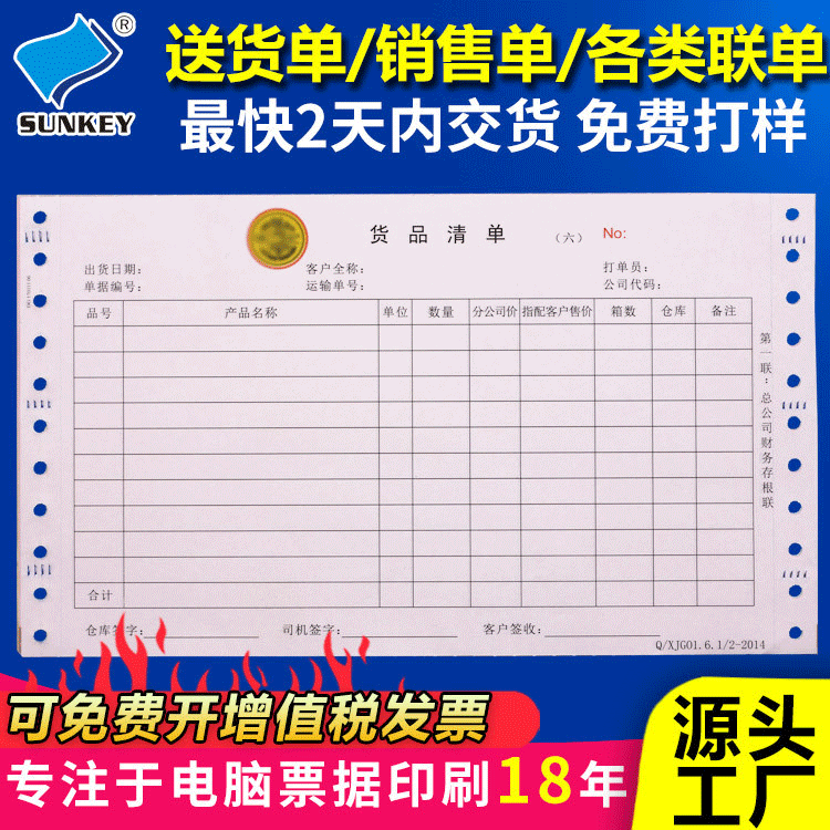 Machine-printed delivery slips (two, three, or four copies), sales lists, computer-printed invoices, carbonless copy paper.