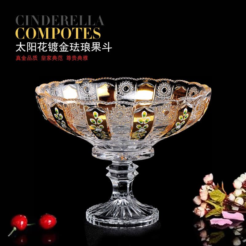 Elegant European Style Gold Plated Enamel Fruit Tray Ornament Crystal Glass Genuine Gold Medusa Home Craftwork Fruit Bowl