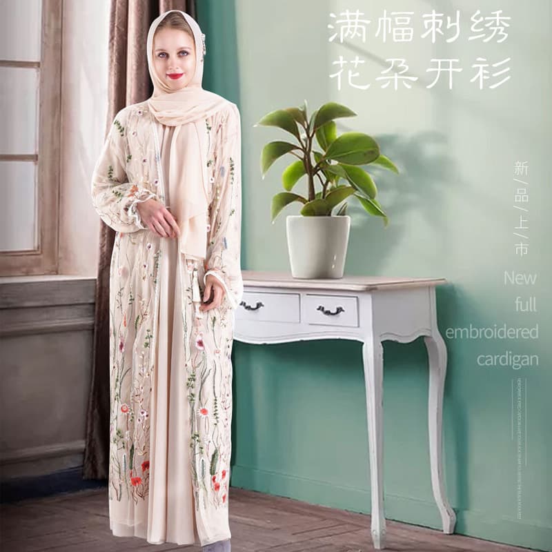Elegant Floral Embroidery Lace Trim Beach Outerwear Women's Fashion K208 Dubai Style Long Sleeve Dress Ethnic Tribal Pattern