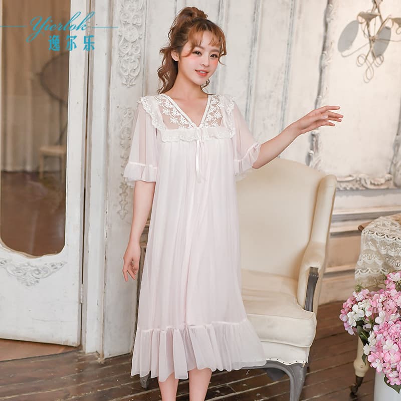 Modal Sleep Dress for Women Summer Short Sleeve French Sweet Princess Lace Mesh Fairy Nightgown
