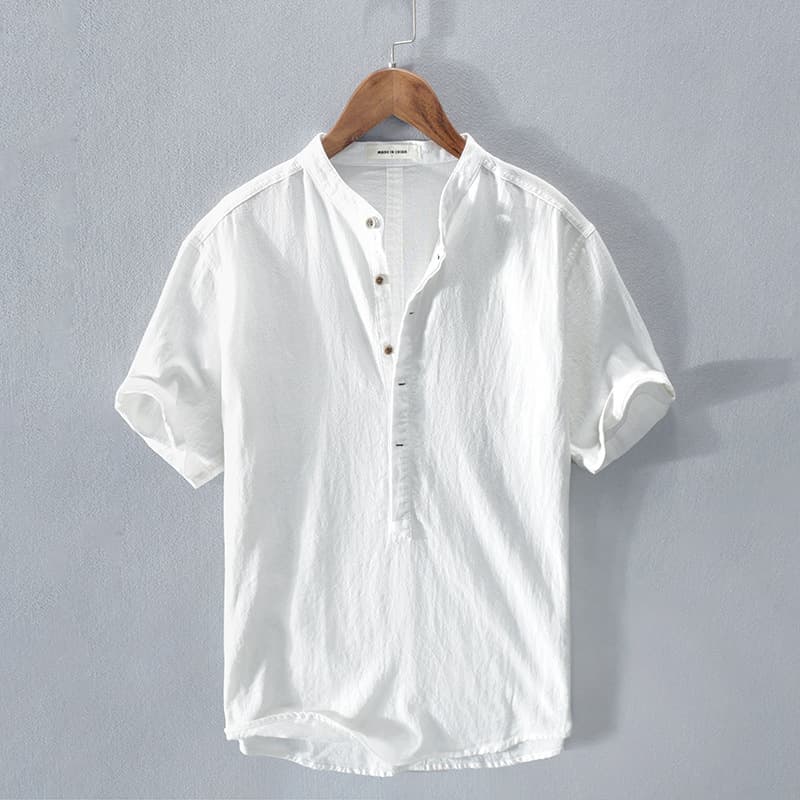 210 Summer Men's Cotton Linen Wrinkle Fabric Short Sleeve Casual Shirt Wholesale