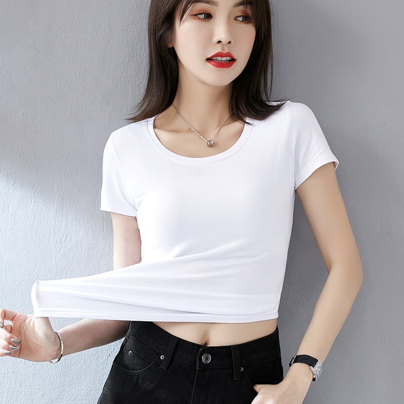 Summer Short Pure White T-shirt Women Sleeve Shaping Round Neck Spring Cotton Top Trendy Short Sleeve Base Shirt