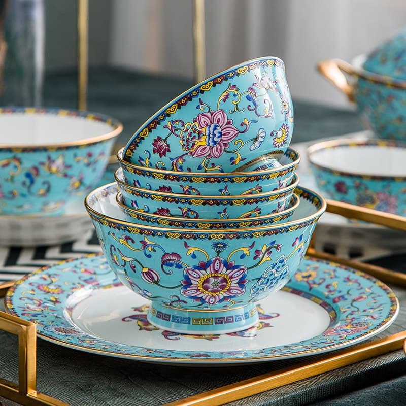 Luxurious Jingdezhen High Temperature Enamel Color Chinese Style Bone China Dinnerware Set Ceramic Premium Quality Bowl Plate