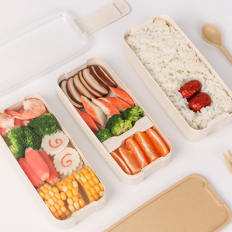 Wheat Straw Three-Layer Rectangular Lunch Box Student Lunch Box Office Lunch Divided Bento Box Plastic Lunch Box Drop Shipping