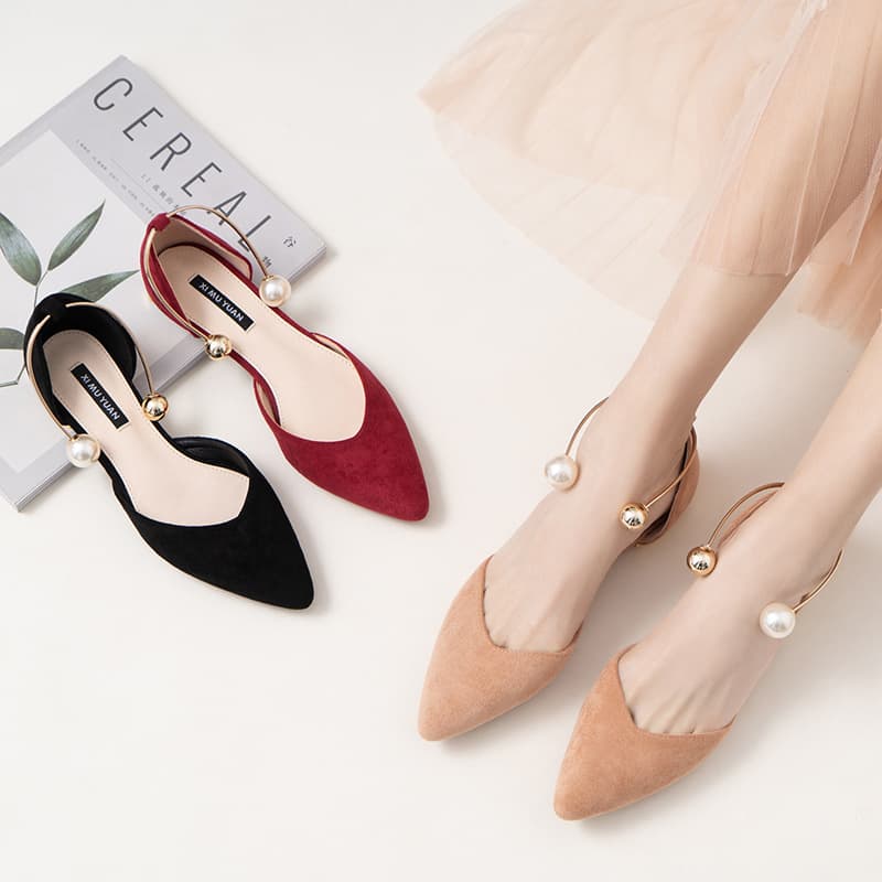 Cross-border 2025 Spring New Women's Single Shoes with Pearl Ring Metal Flat Heel Hollow Pointed Toe Shallow Mouth Flat Shoes