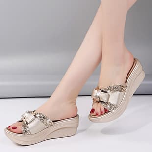 Export Summer Slippers for Women 2023 New Fashion Wedge Bow Fish-Mouth Cross-Strap Sandals Mother Shoes