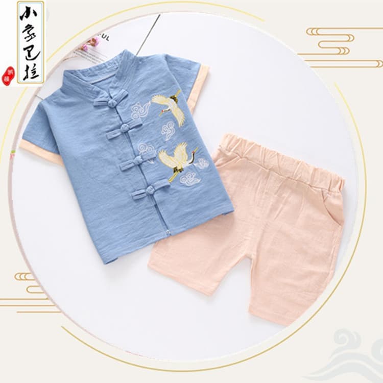 Baby Children's Wear 2022 Children's Summer Cotton-Linen Embroidered Tang Suit Hanfu Ancient-style Boy's Frog Button Set Retro Style