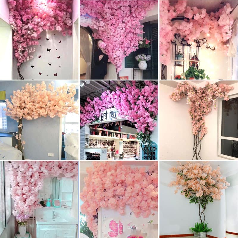 Artificial Cherry Blossom Branches for Wedding Photography Studio and Living Room Decoration, 4-Branch Dense Plastic Flowers, Silk Flowers, Fake Flowers for Ceiling Decoration