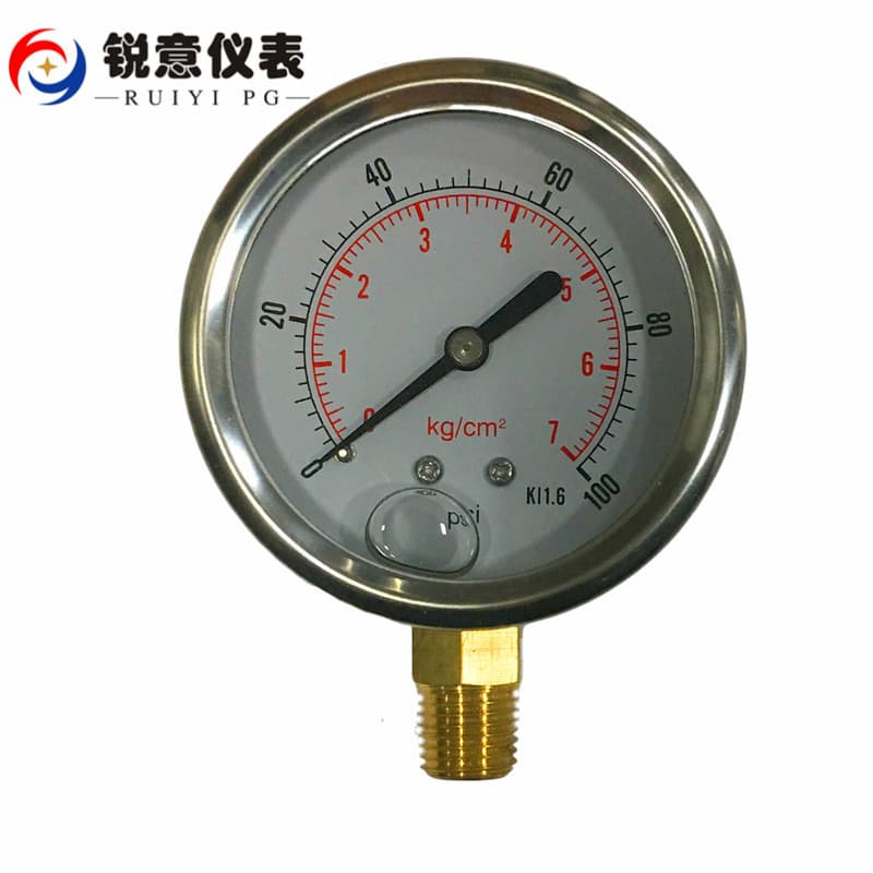 YN60 shock-resistant pressure gauge, oil-filled, 100PSI, 7 bar/kg, anti-vibration pressure gauge, glycerin-resistant, 304 stainless steel.
