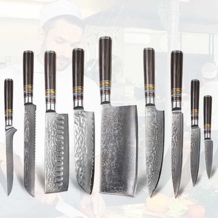 Manufacturer wholesale color wooden handle kitchen household stainless steel chef knife set vegetable slicing knife Damascus knife