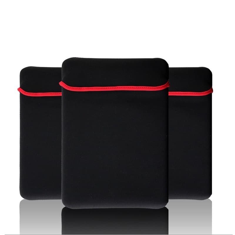 Laptop sleeve, made of SBR 3D double-sided neoprene material, black and red, suitable for 11-inch, 13-inch, 14-inch, and 15-inch laptops.