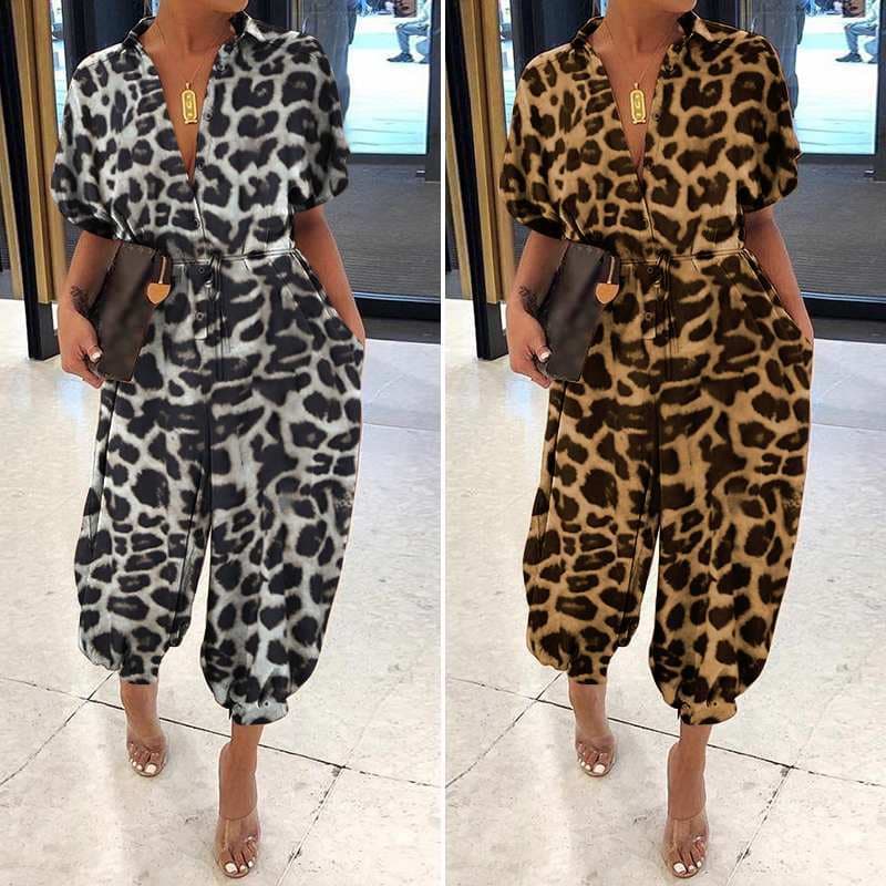 2023 European and American new style leopard print jumpsuit for women, retro women's short-sleeved button casual pants, loose large size