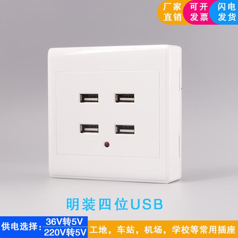 Surface Mount Socket for Construction Site Dormitory, Low Voltage 36V to 5V, 4-Port USB Socket, 86-Type, 2-Port USB Socket Panel