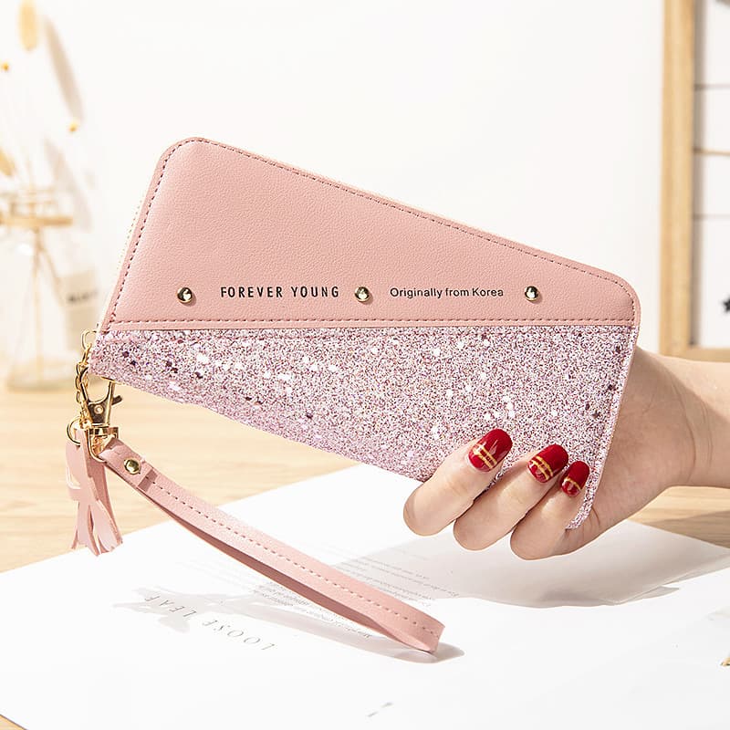 New Long Wallet for Women Zipper Purse Korean Style Contrast Color Tassel Versatile Rivet Phone Bag