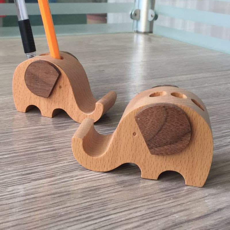 Creative Elephant Pen Holder and Cute Animal Wooden Lazy Phone Stand with Engraved Logo