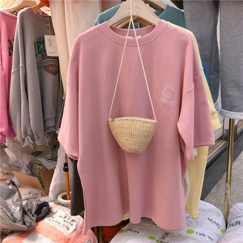 Embroidered Short Sleeve T-Shirt Women's Loose Fit Summer Fashion Student Uniform Dongdaemun Style Milk Silk Polyester Fiber