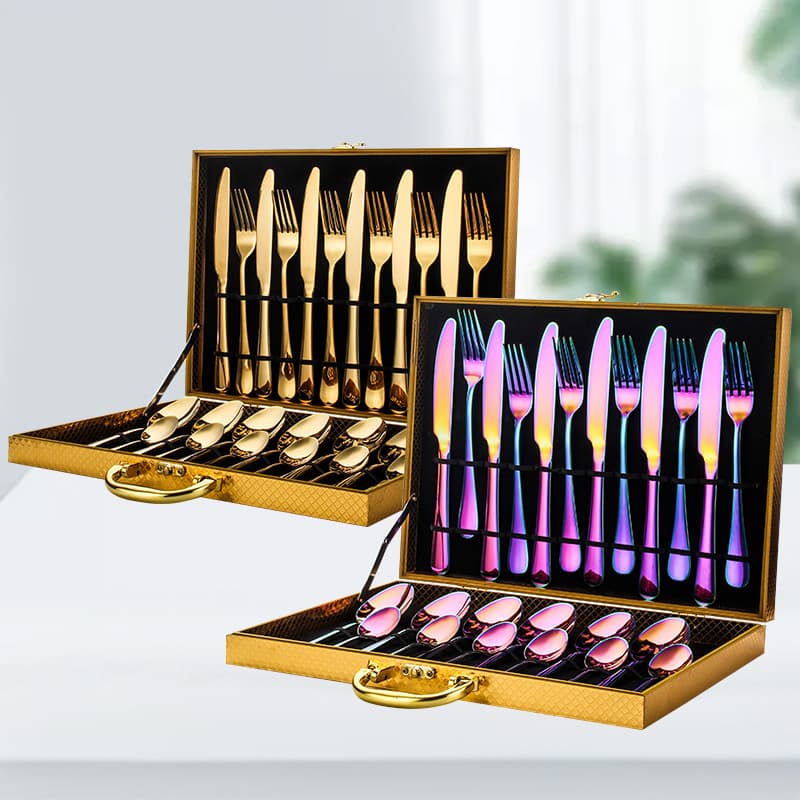 In Stock Stainless Steel Knife Fork Spoon 24-Piece Gift Set Gold Wooden Box Set Gold-Plated 1010 Hotel Western Tableware