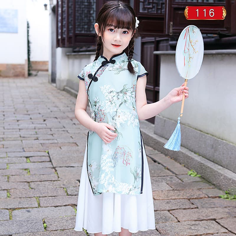 Girls' Cheongsam Dress, New Style, Fold-button Stand Collar Embroidered Children's Cheongsam Dress, Elegant and Ladylike Set Dress
