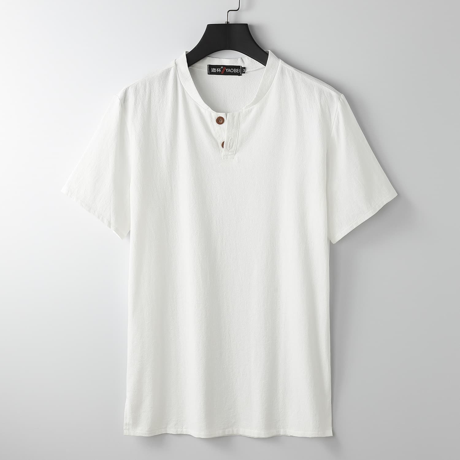 Plus Size Men's Chinese Style Slit Stand Collar Short Sleeve T-Shirt, Loose Linen V-Neck Tee for Heavy Set