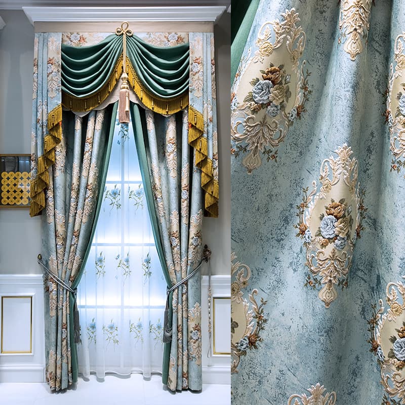 Flourishing European-Style Valance Wave Curtain, High-End Living Room Embossed Jacquard Embroidered Home Decoration Villa Curtain Sheer