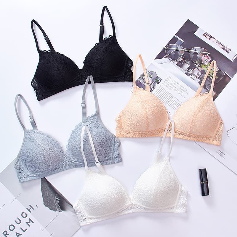 French Bra Thin Molded Triangle Cup Bra Comfortable Wire-Free Women's Bra Breathable Lace Trim Push-Up Bra