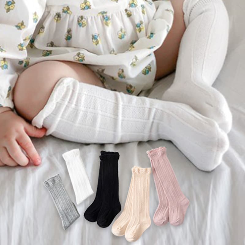 Baby Mid-Calf Socks Spring Autumn Cotton Girl Socks Vertical Stripes Double Needle Children Socks Amazon Lace Baby Long Socks