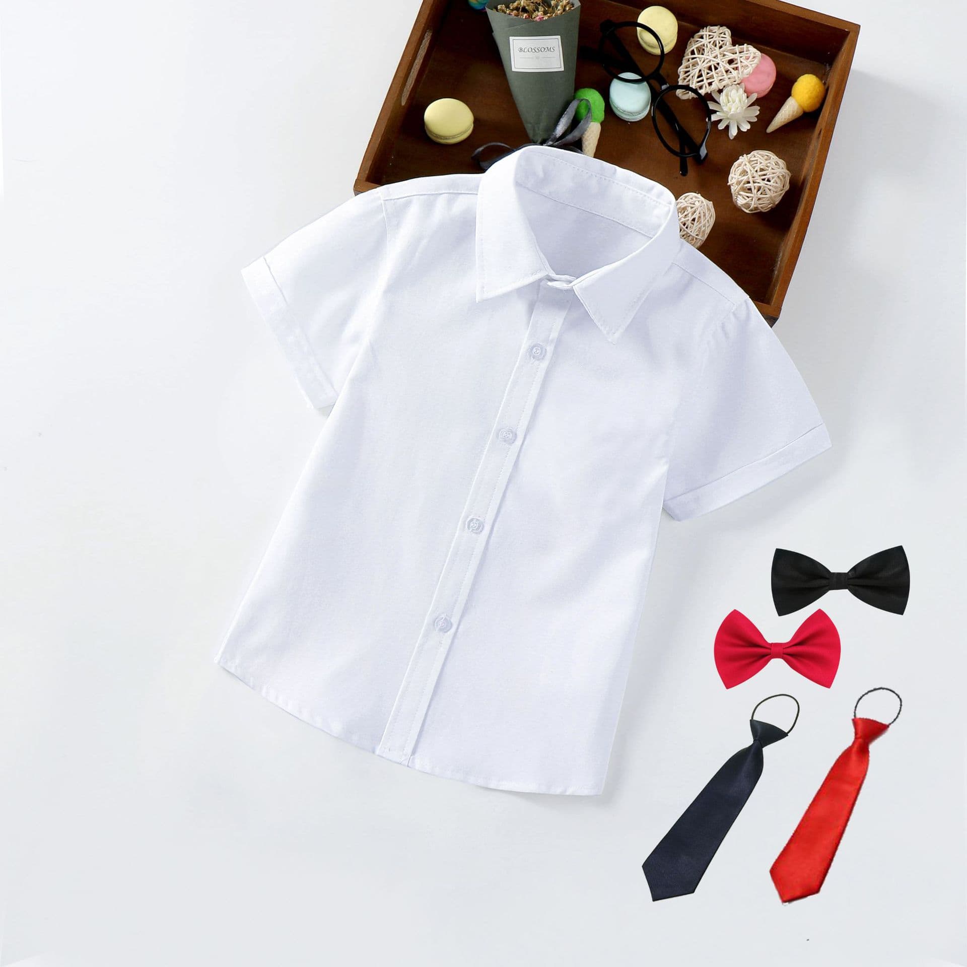 Boys' Summer White Short Sleeve Shirt Performance Outfit Baby Boys' Summer Blouse Soft Cotton UV Protection Solid Color