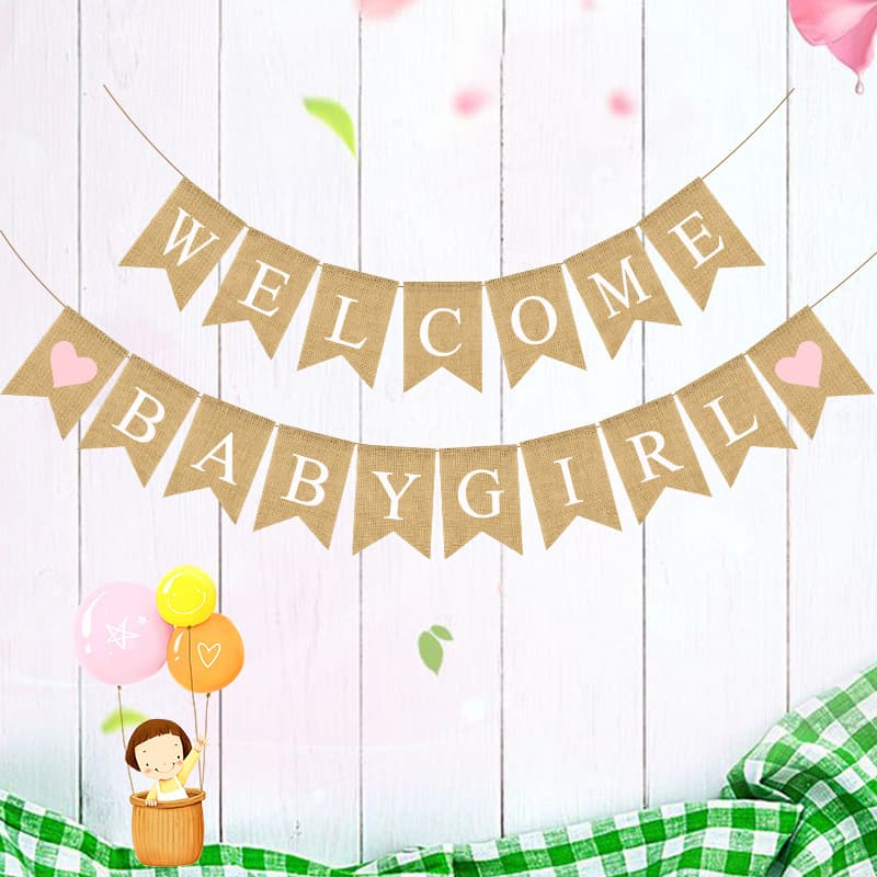 Party Decoration Banner String Flag Welcome Baby Girl WELCOME BABY GIRL Burlap Swallowtail Banner