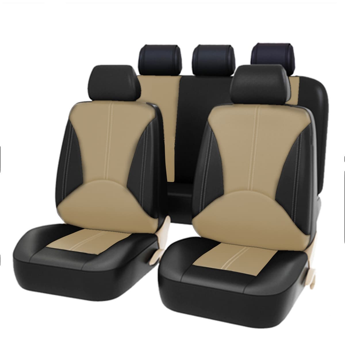 PU leather car seat covers, artificial leather, all-season, universal for 5-seater cars, beige patchwork leather.