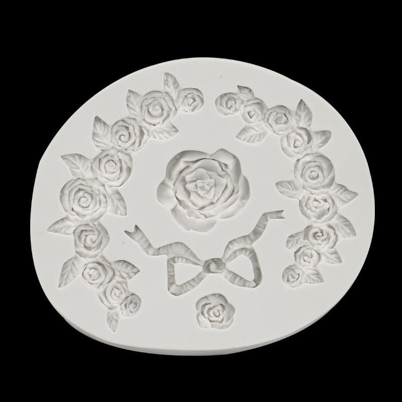 Large and Small Flowers with Rose Wreath Bow Silk Fondant Resin Clay Mold Fondant Cake Silicone Mold
